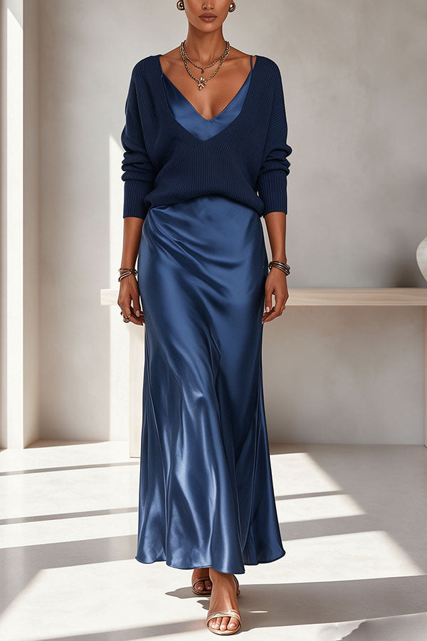 Women's ribbed V-neck sweater and flowing ankle-length skirt set