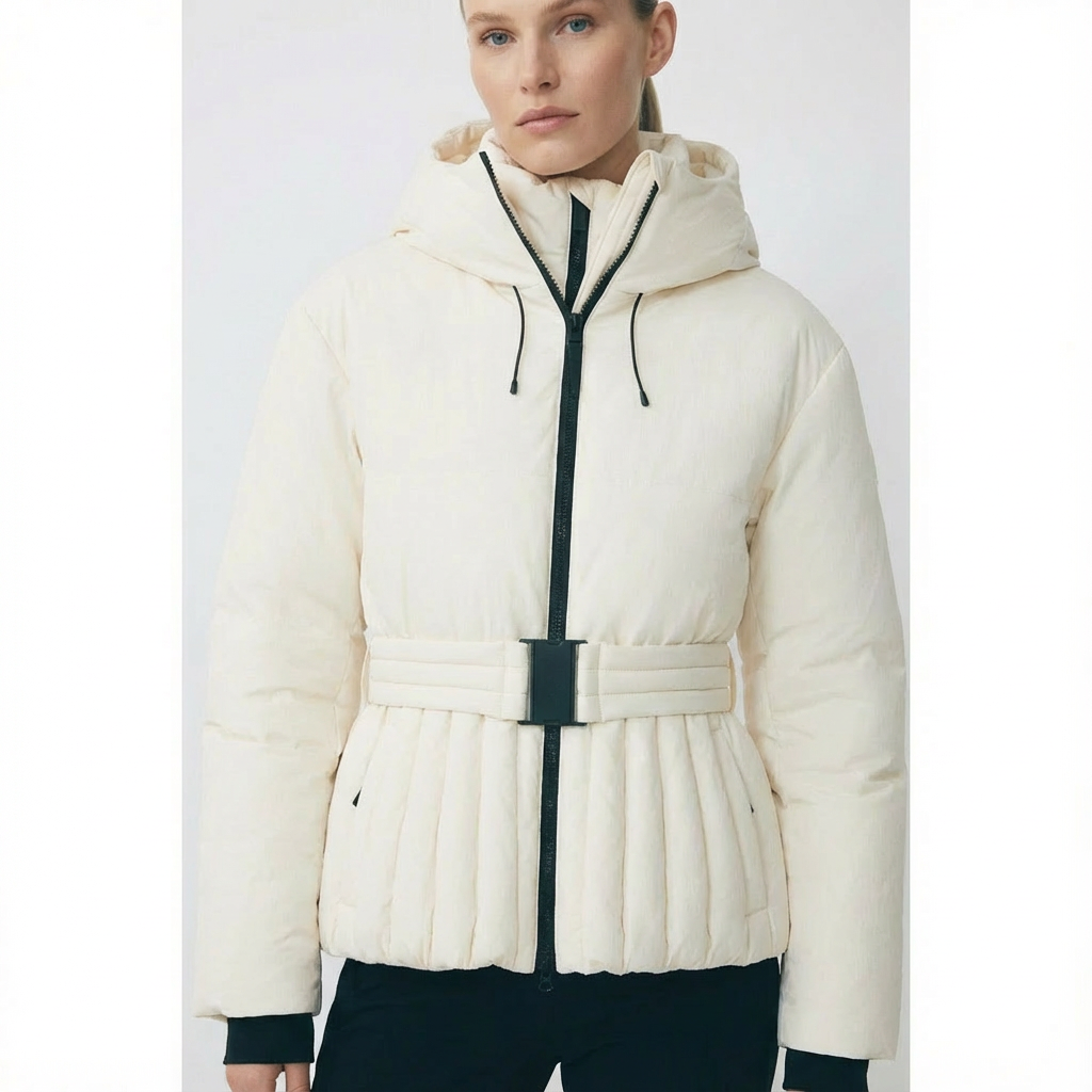 Women's hooded quilted ski jacket with belted waist and long sleeves