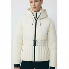 Women's hooded quilted ski jacket with belted waist and long sleeves