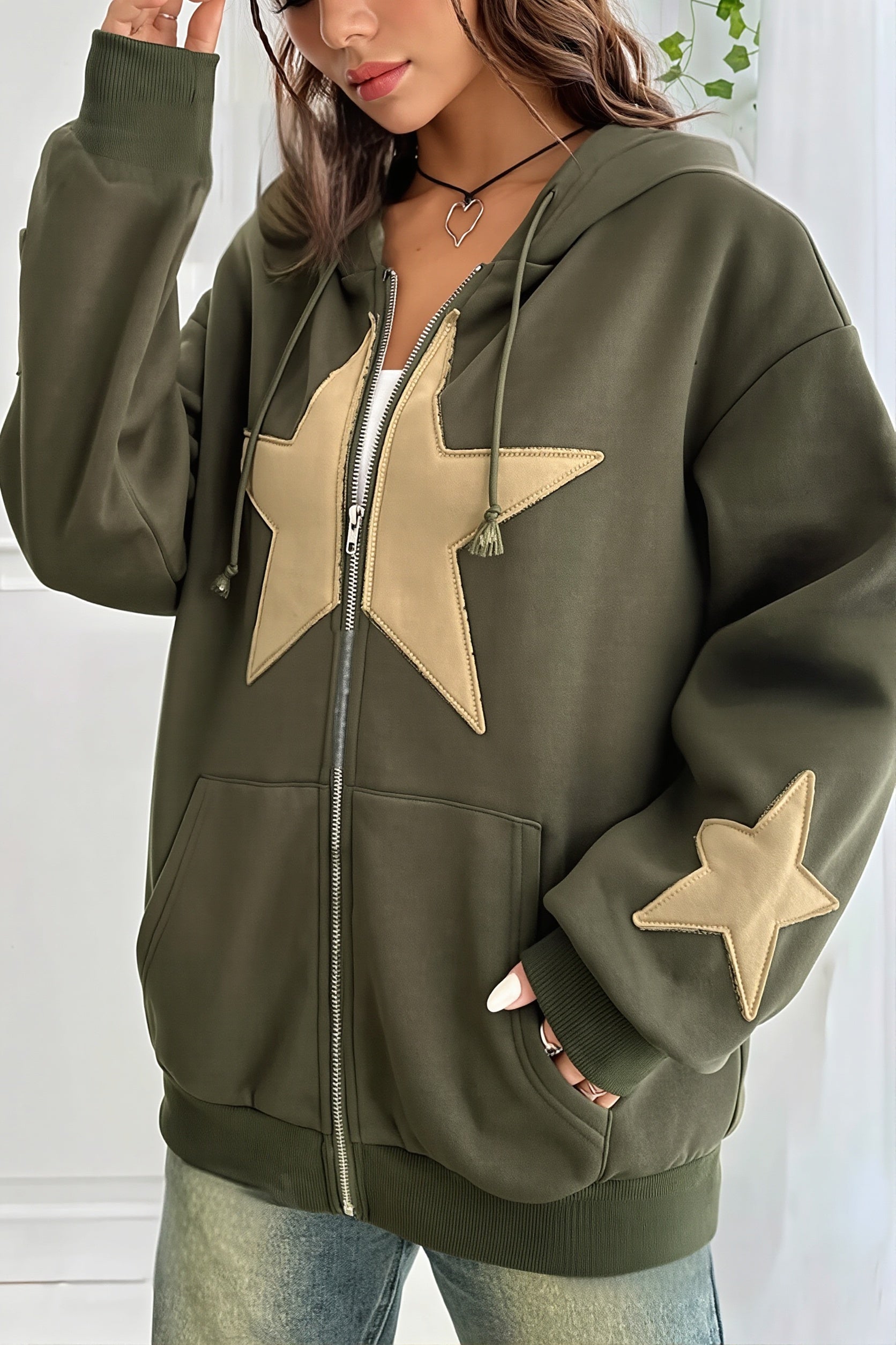 Women's oversized zip hoodie with hood and contrast star appliques