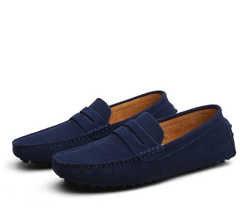 Men's moc toe loafers with penny strap and flat soles