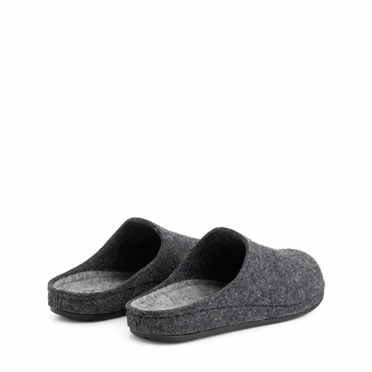 Grey closed-toe house slippers with textured uppers and black flat soles