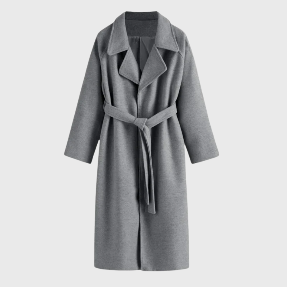 Women's long wrap coat with wide lapels and tie belt