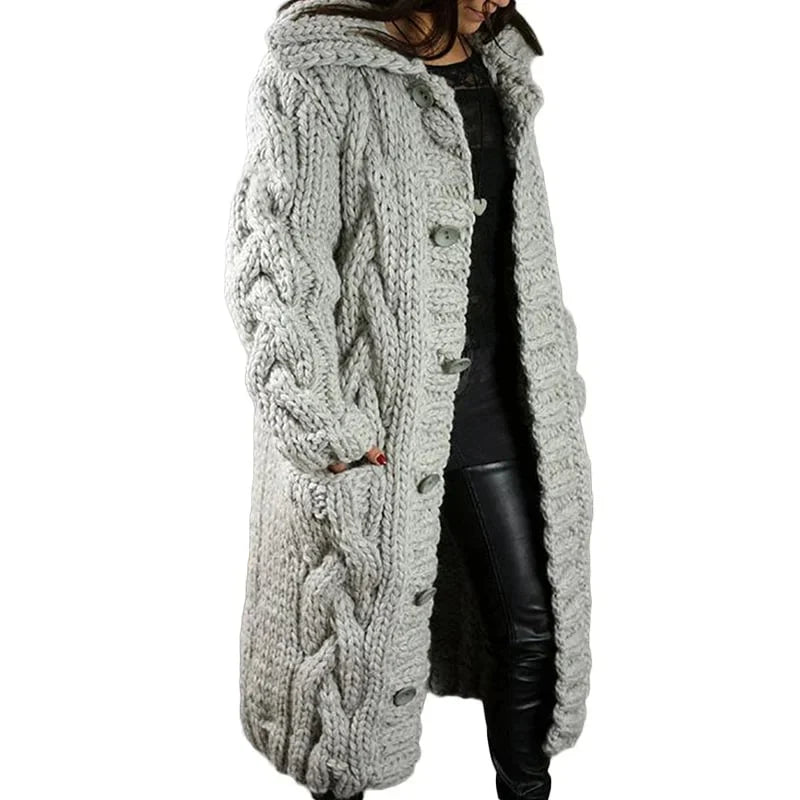 Women's longline cable knit hooded cardigan with button front