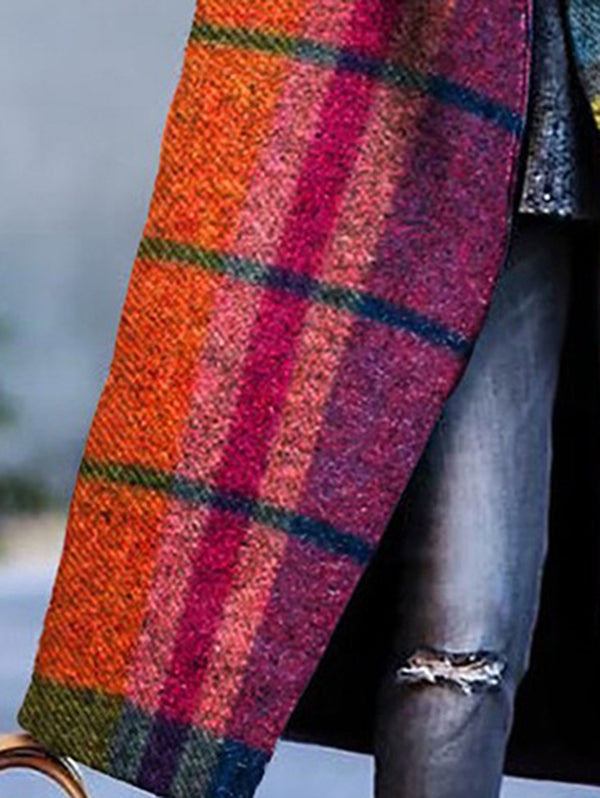 Women's multicoloured checked longline coat with lapel collar and three-quarter sleeves