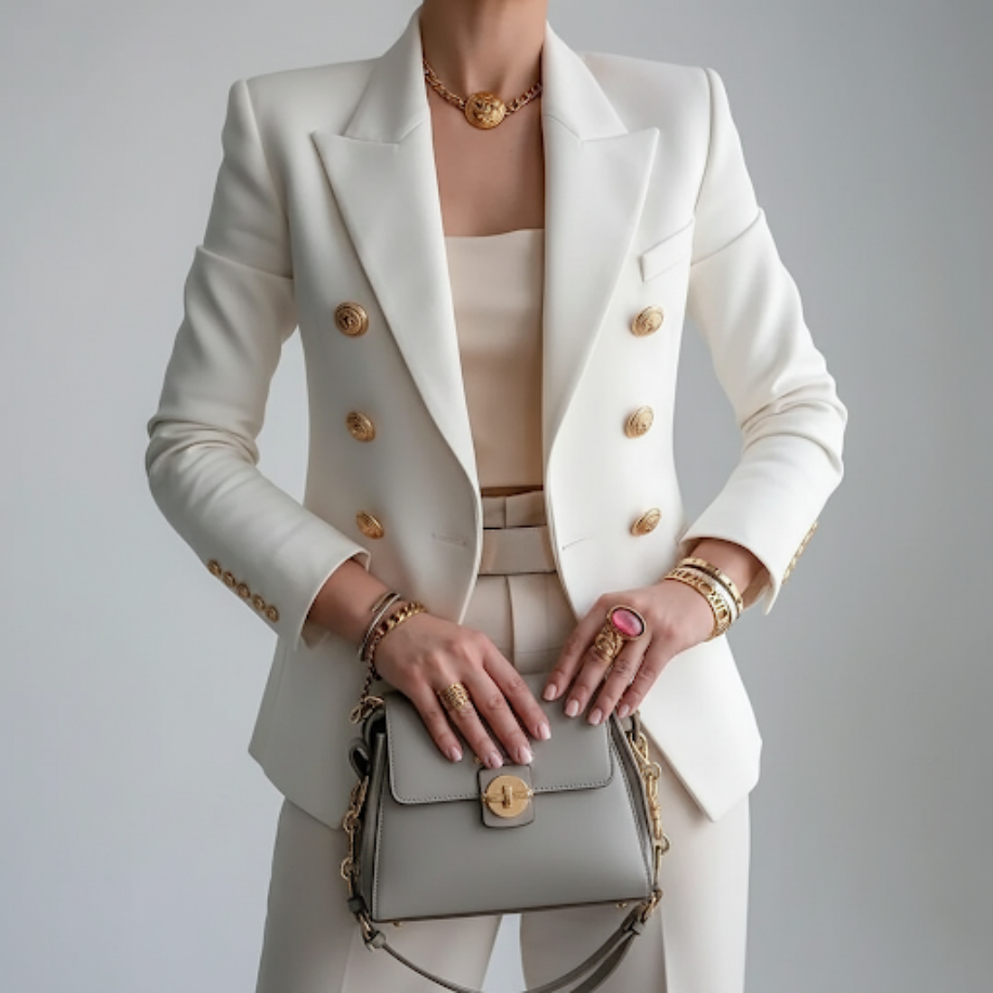 Women's fitted double-breasted blazer with notch lapels and gold-tone buttons