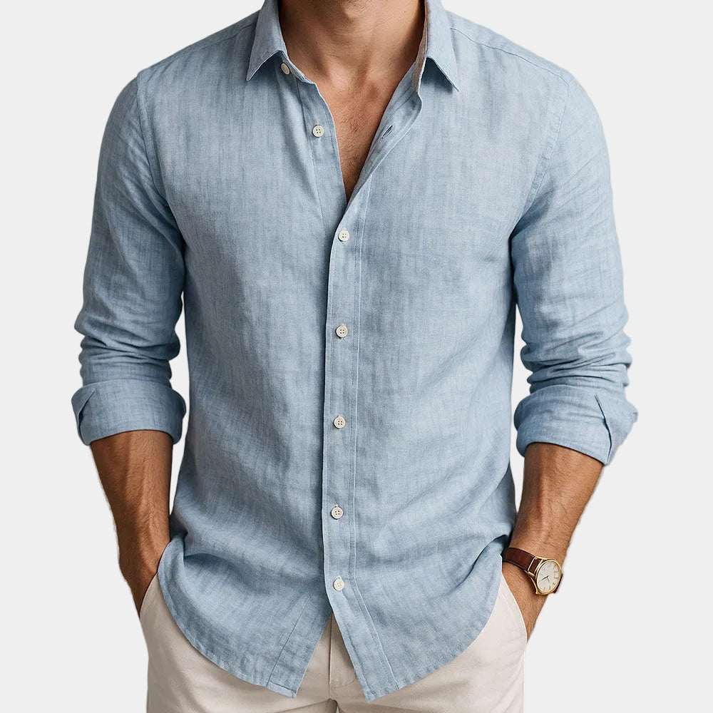 Men's plain long-sleeve button-front shirt with pointed collar and curved hem