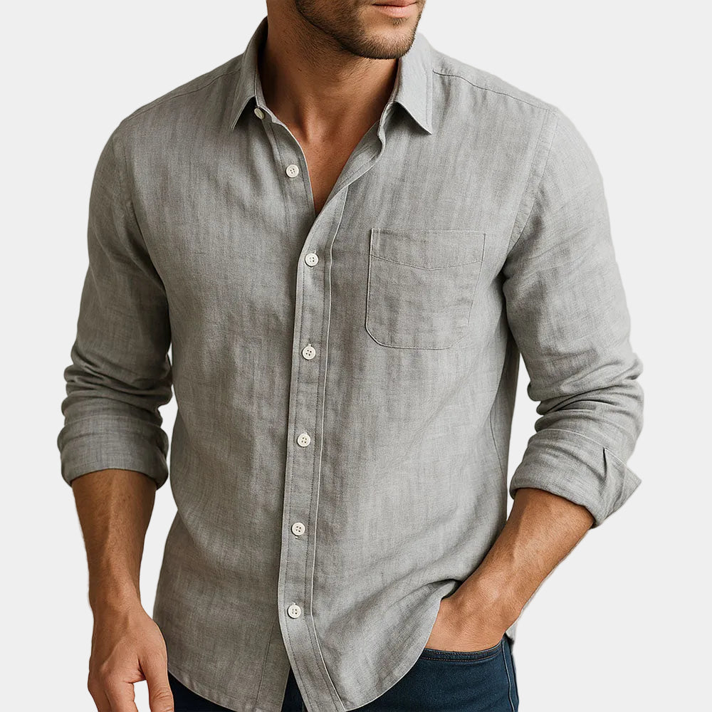 Men's plain long-sleeve button-front shirt with pointed collar and curved hem