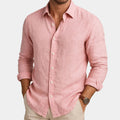Men's plain long-sleeve button-front shirt with pointed collar and curved hem