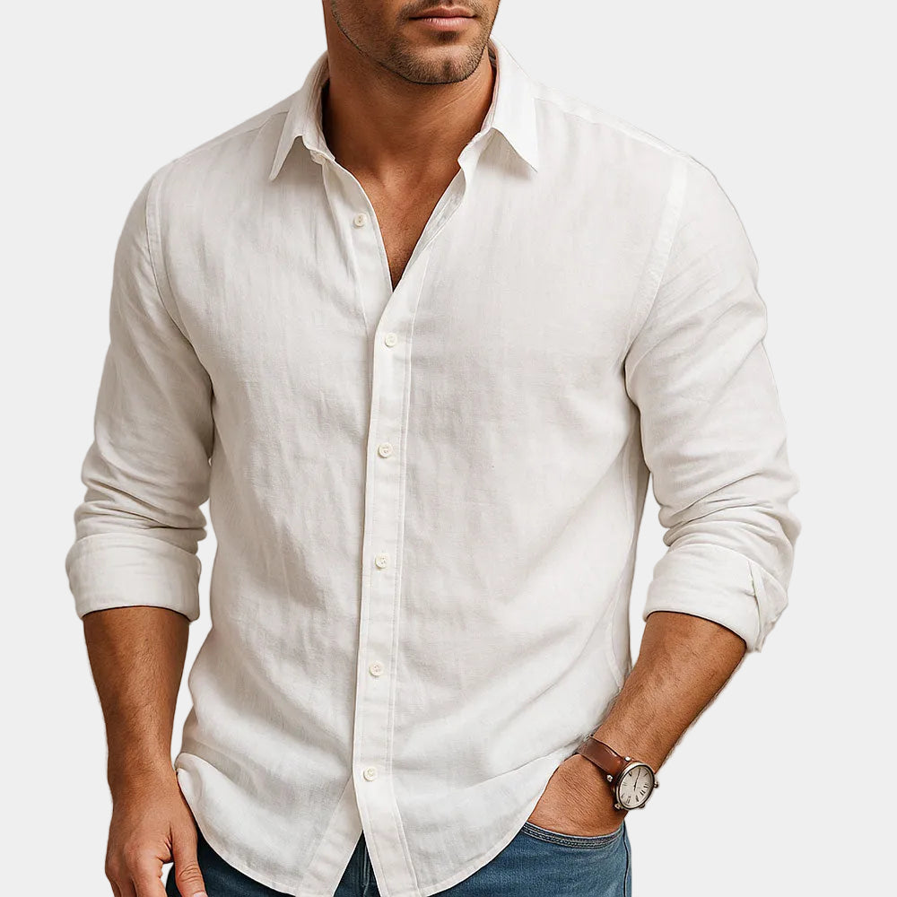 Men's plain long-sleeve button-front shirt with pointed collar and curved hem