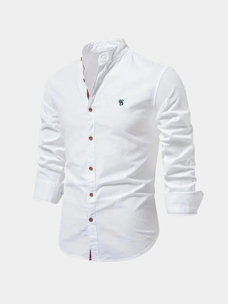 Men's long-sleeved Mandarin collar shirt with button front and curved hem