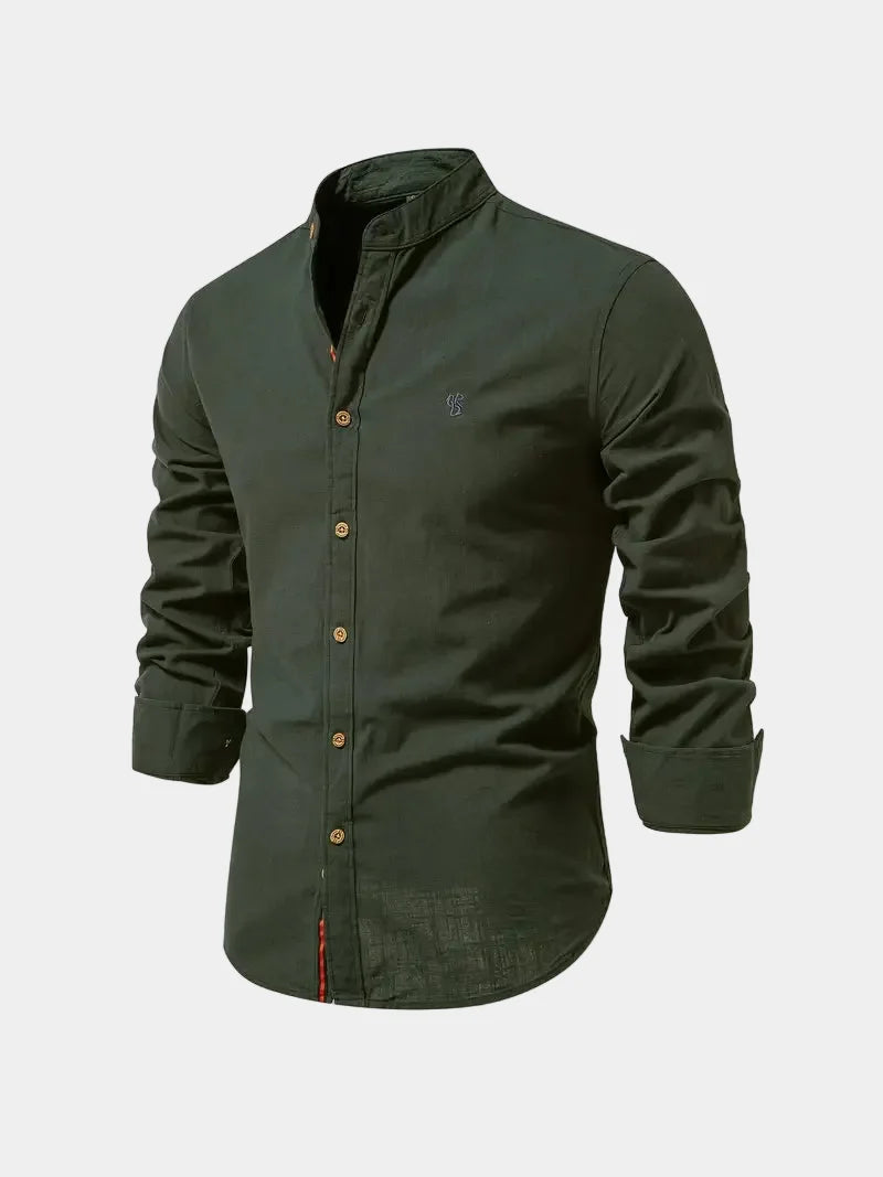 Men's long-sleeved Mandarin collar shirt with button front and curved hem