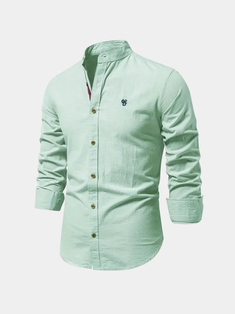 Men's long-sleeved Mandarin collar shirt with button front and curved hem
