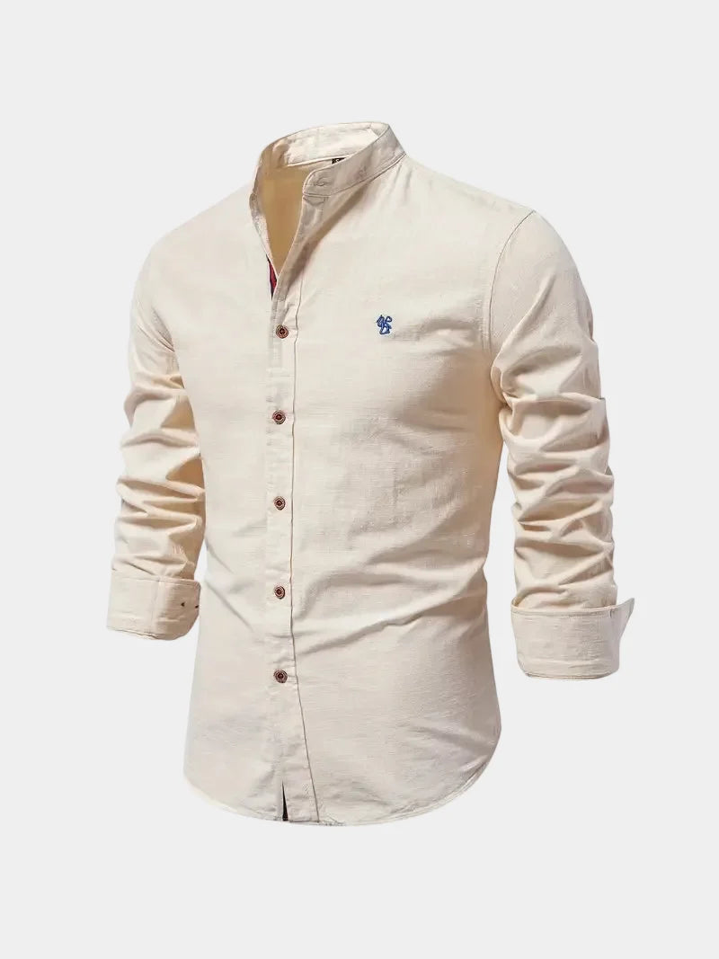 Men's long-sleeved Mandarin collar shirt with button front and curved hem