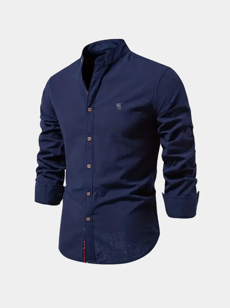 Men's long-sleeved Mandarin collar shirt with button front and curved hem