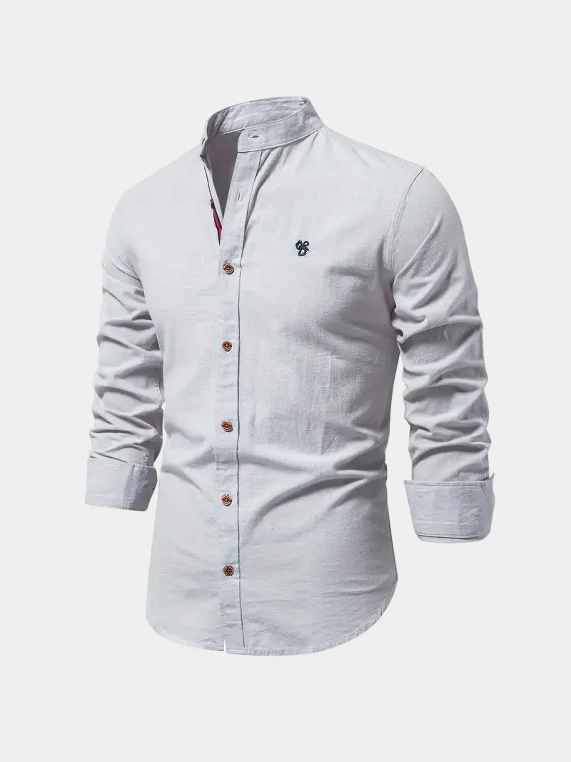 Men's long-sleeved Mandarin collar shirt with button front and curved hem