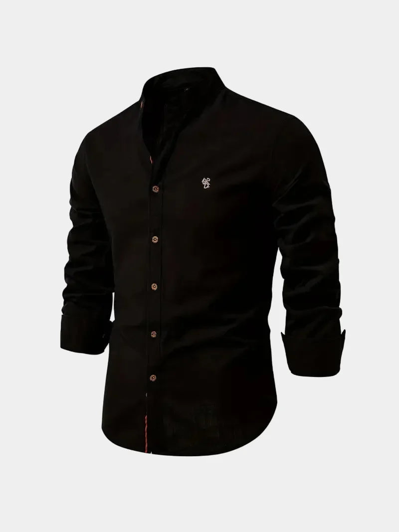 Men's long-sleeved Mandarin collar shirt with button front and curved hem