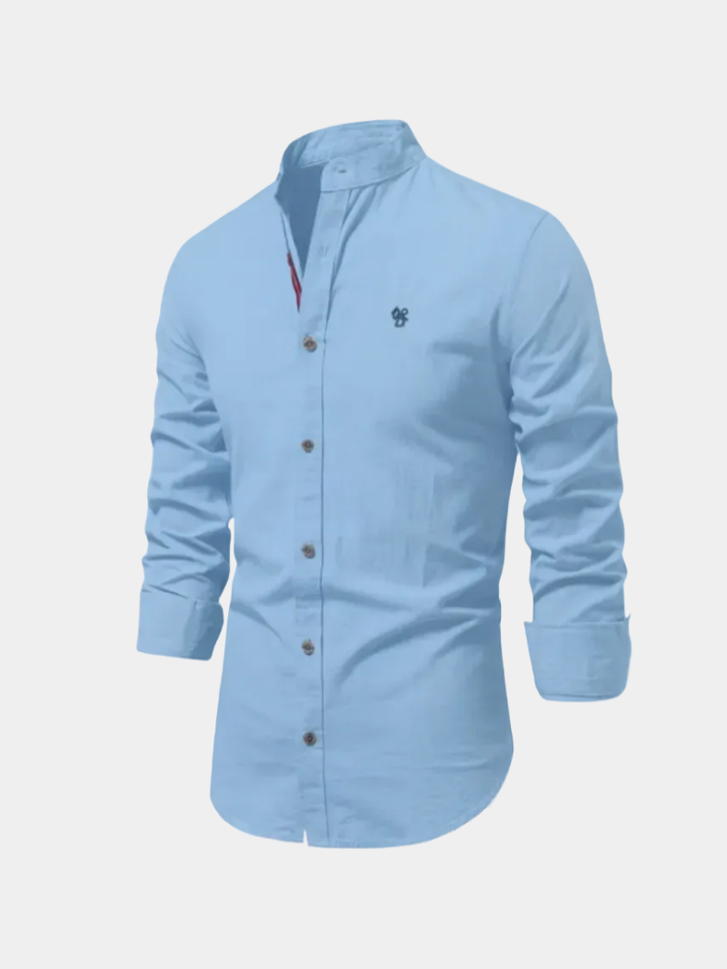 Men's long-sleeved Mandarin collar shirt with button front and curved hem