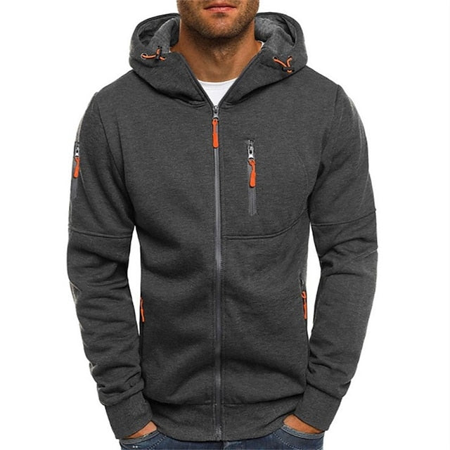 Men's hooded zip-up hoodie with multiple pockets and long sleeves