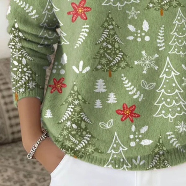 Green women's Christmas floral turtleneck jumper with long sleeves