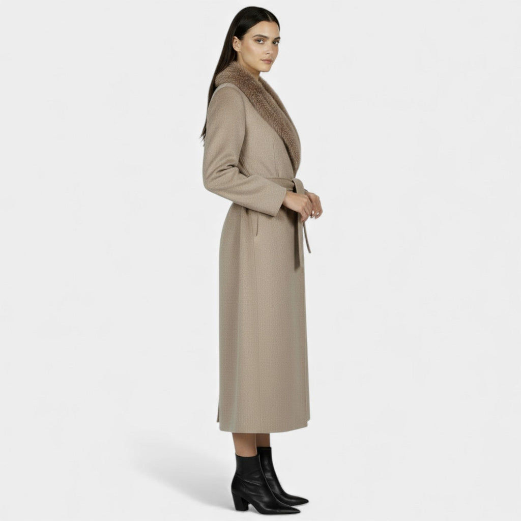 Women's long wrap coat with wide textured shawl collar and waist tie