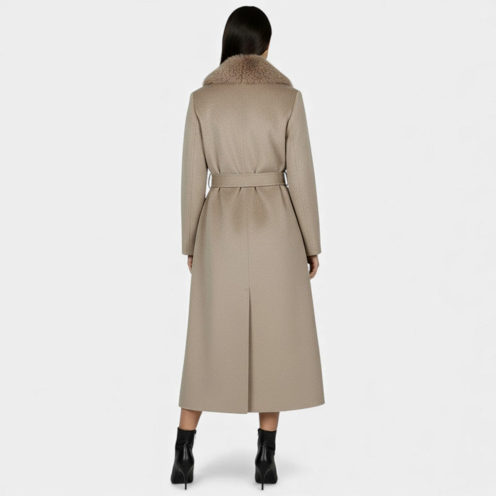 Women's long wrap coat with wide textured shawl collar and waist tie