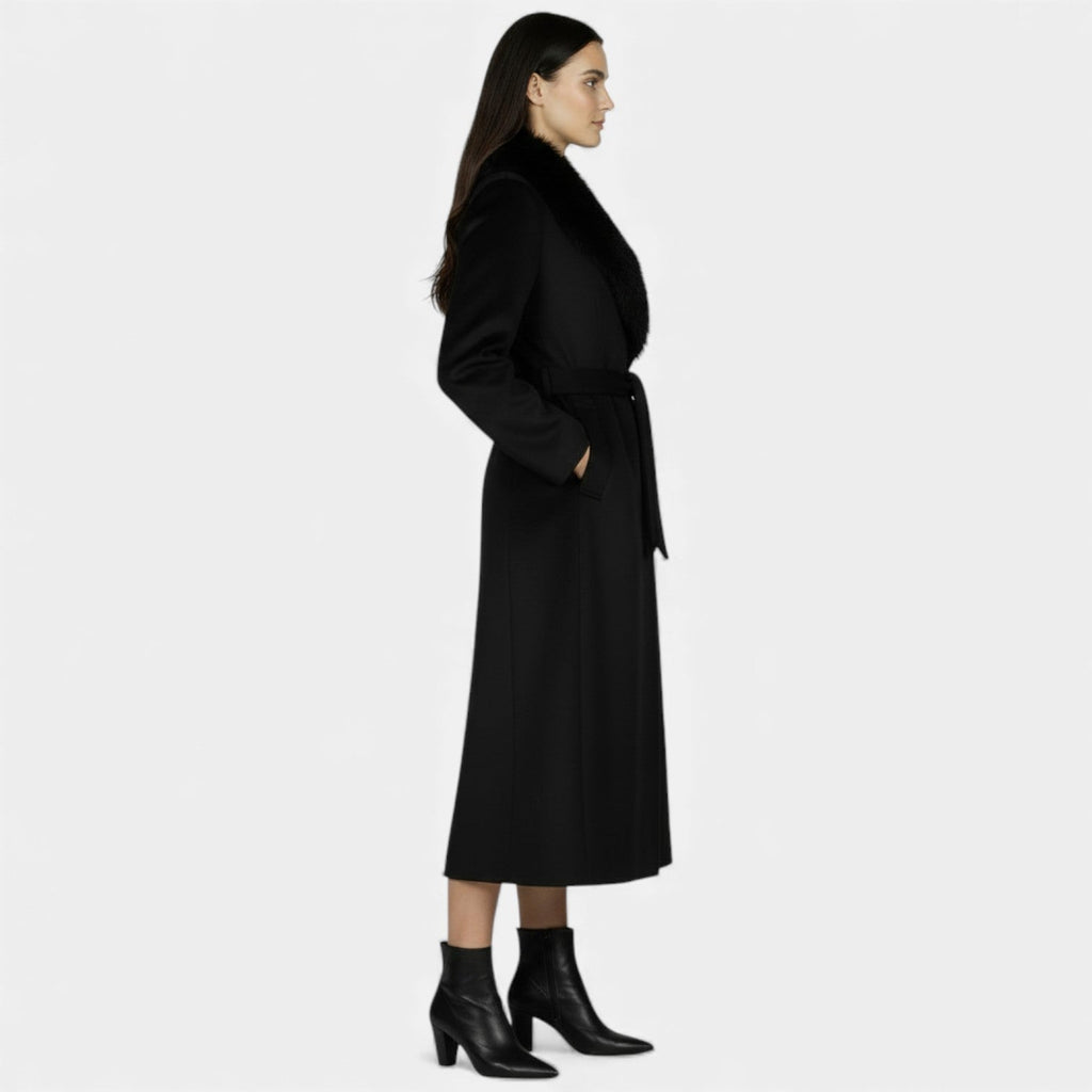 Women's long wrap coat with wide textured shawl collar and waist tie