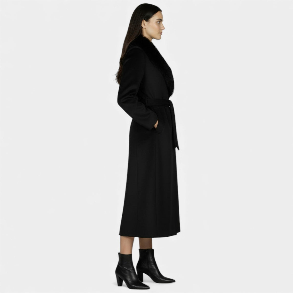 Women's long wrap coat with wide textured shawl collar and waist tie