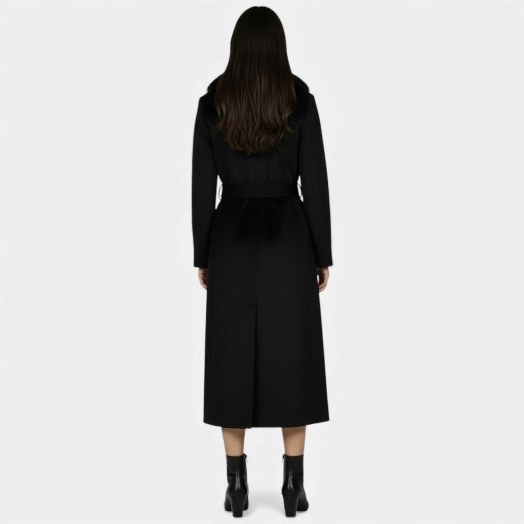 Women's long wrap coat with wide textured shawl collar and waist tie