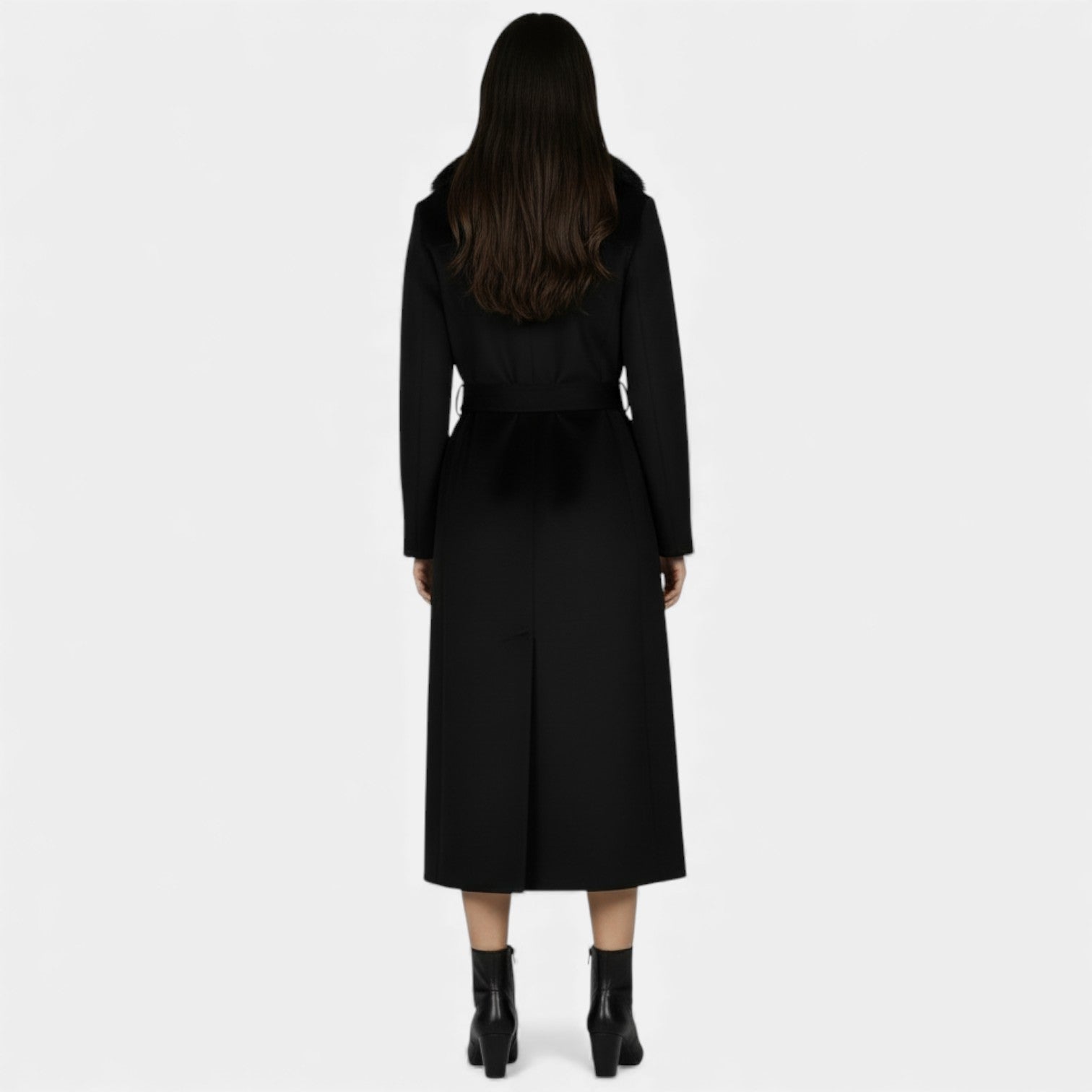 Women's long wrap coat with wide textured shawl collar and waist tie