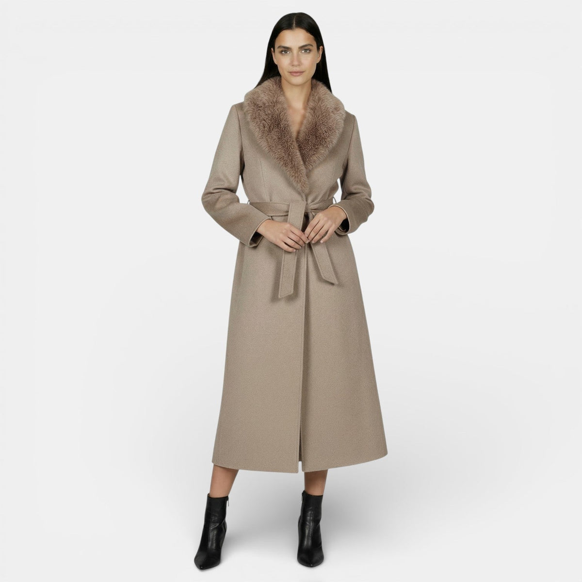 Women's long wrap coat with wide textured shawl collar and waist tie
