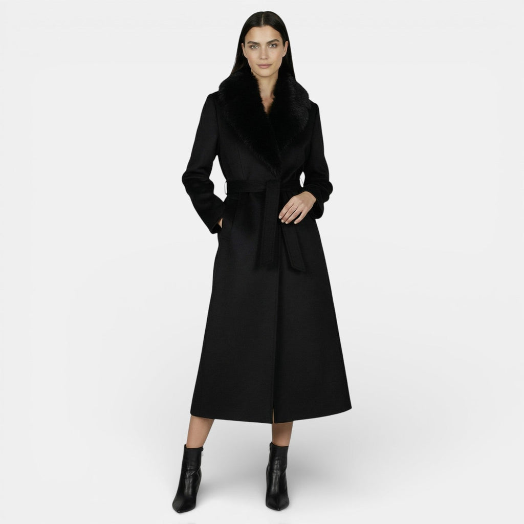 Women's long wrap coat with wide textured shawl collar and waist tie