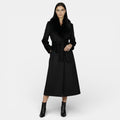 Women's long wrap coat with wide textured shawl collar and waist tie