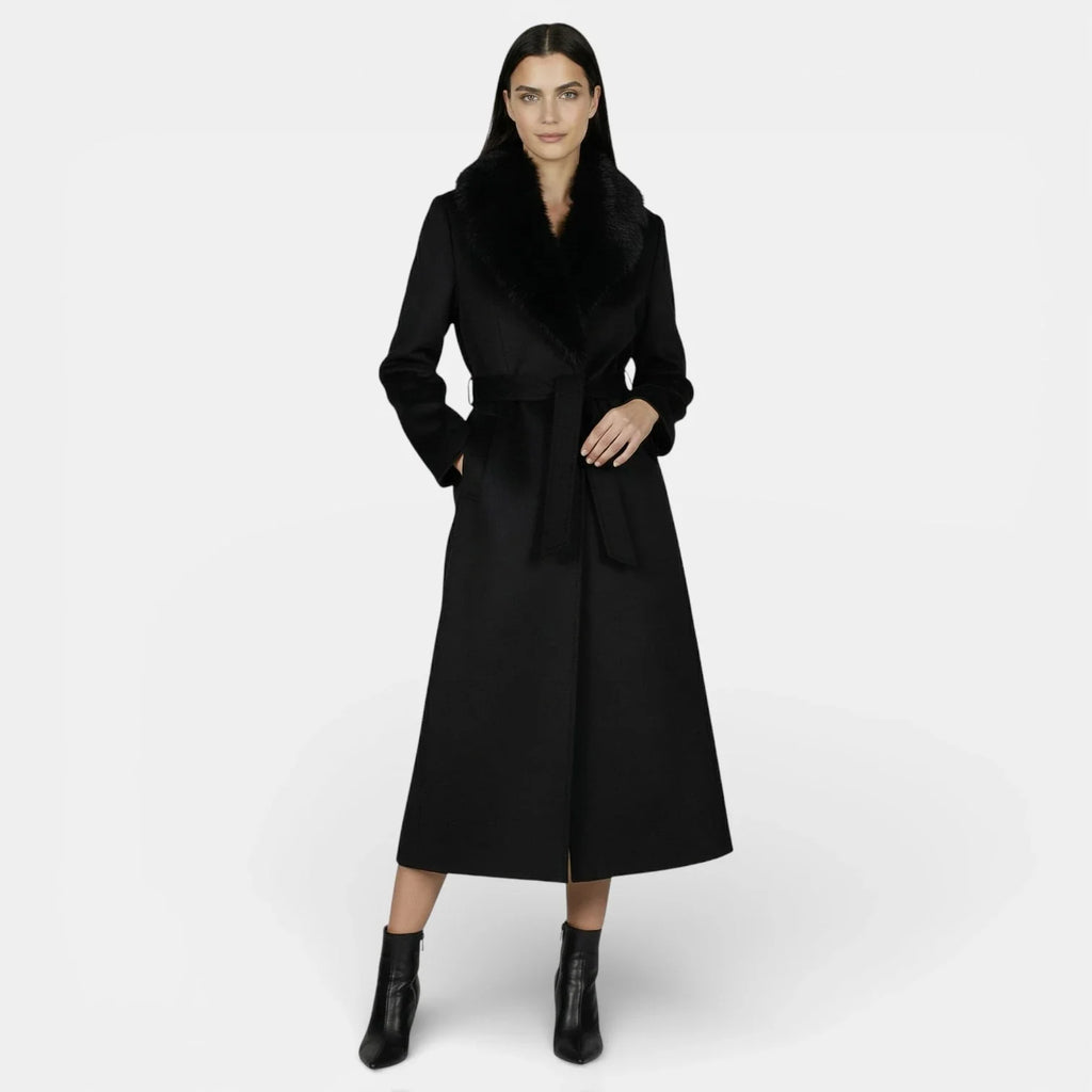 Women's long wrap coat with wide textured shawl collar and waist tie