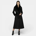 Women's long wrap coat with wide textured shawl collar and waist tie