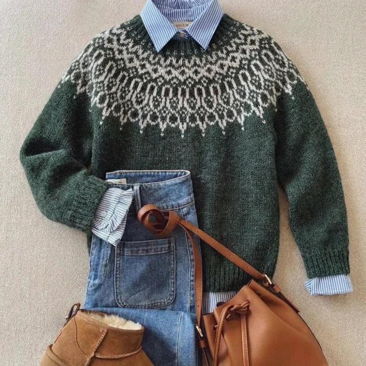 Women's green Fair Isle jumper with crew neck and long sleeves