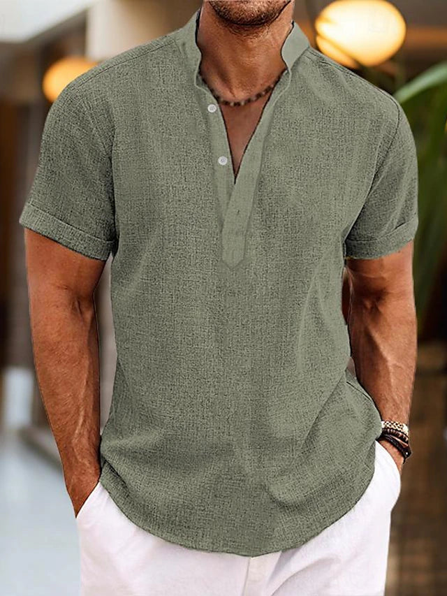 Men's short sleeve Henley shirt with Mandarin collar and textured finish