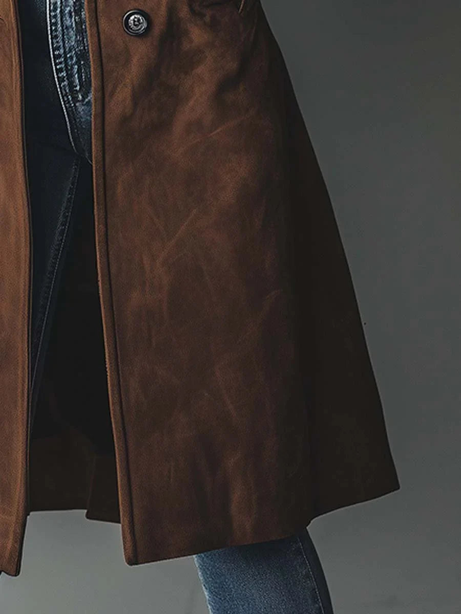 Women's long button-front coat with lapel collar and side pockets