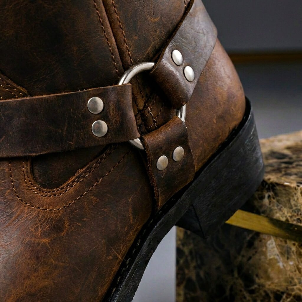 Tall biker boots with harness straps, metal studs and low block heels