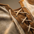 Men's long-sleeve lace-up Henley shirt with contrast shoulder and sleeve panels