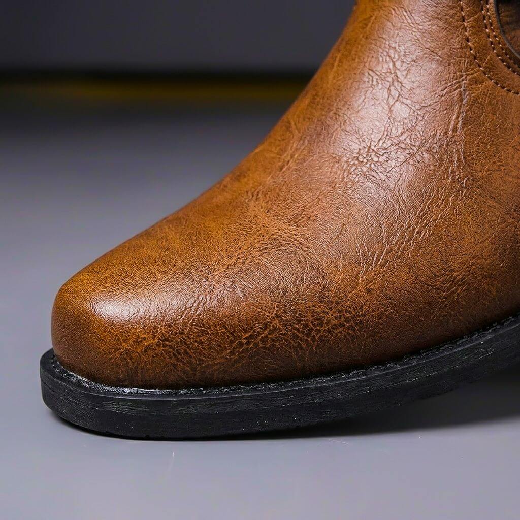 Men's ankle boots with cross-over buckled straps, metal studs and low heel