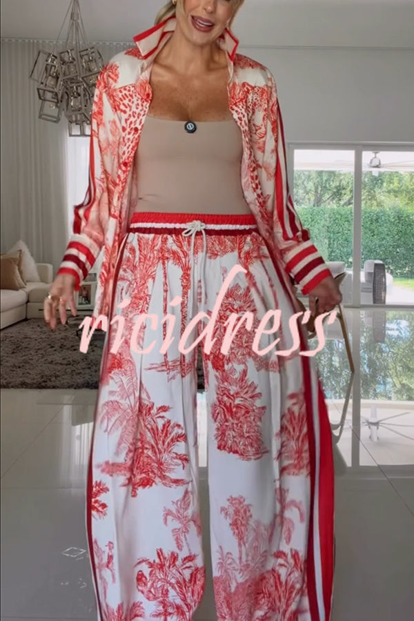 Women's red jungle print shirt and wide leg trousers set with striped detailing