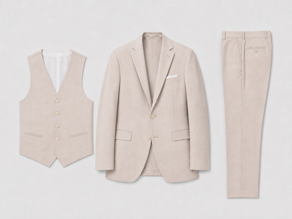 Men's three-piece suit with notched-lapel jacket, buttoned waistcoat and matching trousers