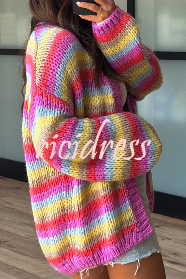 Women's chunky striped cardigan with open front and balloon sleeves