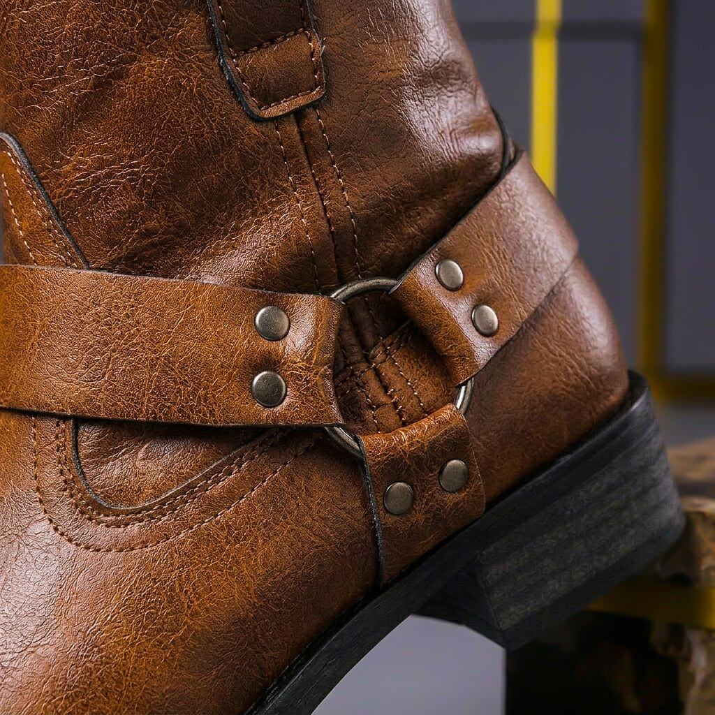Men's ankle boots with cross-over buckled straps, metal studs and low heel