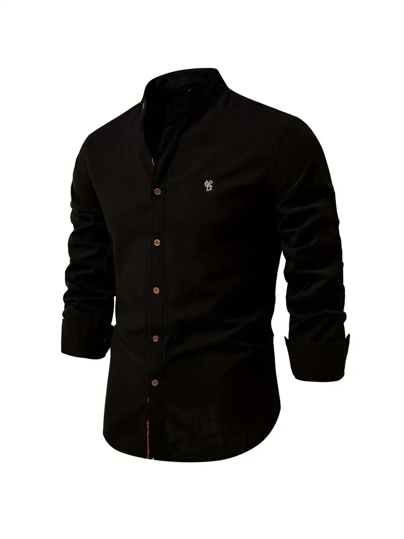 Men's long-sleeve mandarin collar button shirt with curved hem