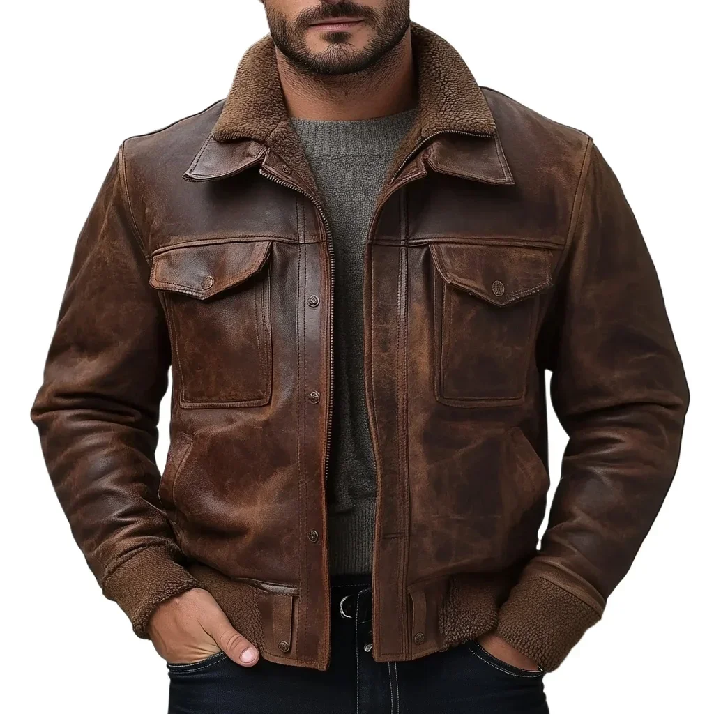 Men's aviator A-2 jacket with long sleeves, zip front, collar and multiple pockets