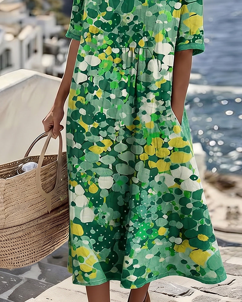Women's abstract floral midi dress with round neck and short sleeves