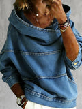Women's blue hooded sweatshirt with long sleeves, contrast seams and front pouch pocket