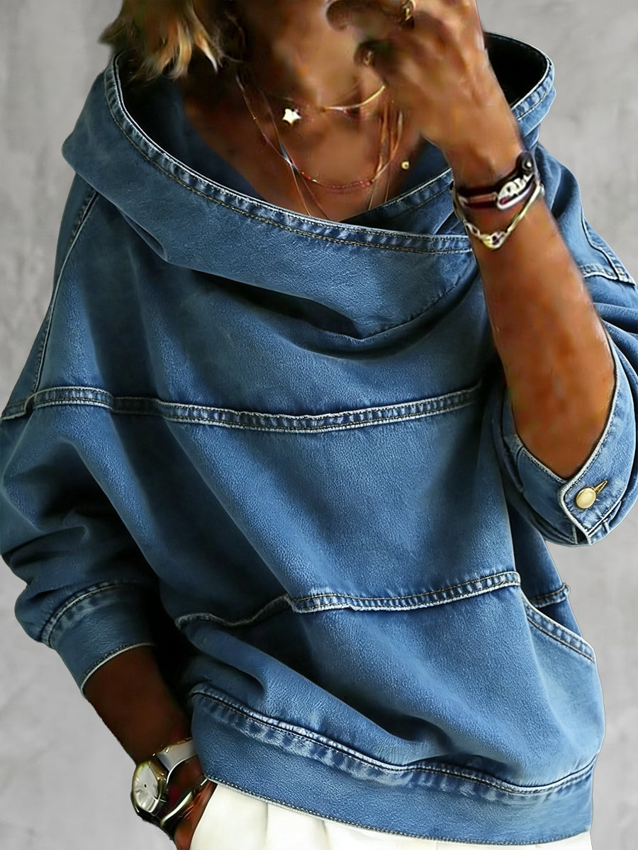 Women's blue hooded sweatshirt with long sleeves, contrast seams and front pouch pocket